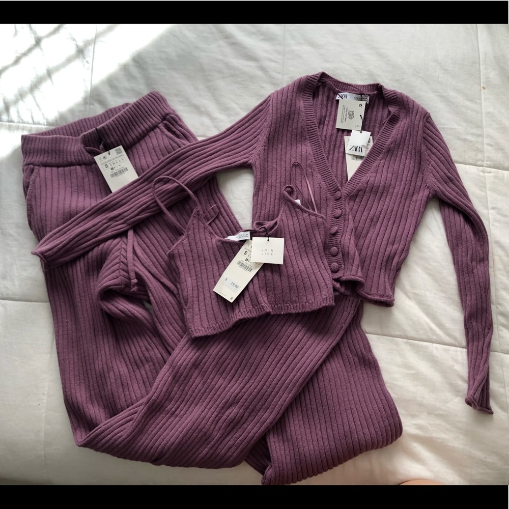 Zara Set purple fiber. Pants-top-cardigan new